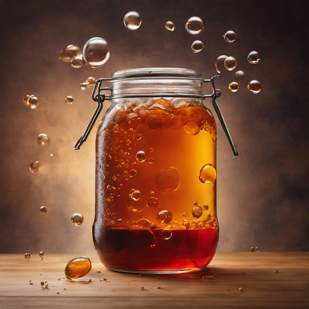 An image capturing a glass jar filled with sweetened tea, a SCOBY floating on its surface, and the vibrant atmosphere as bubbles rise from the liquid