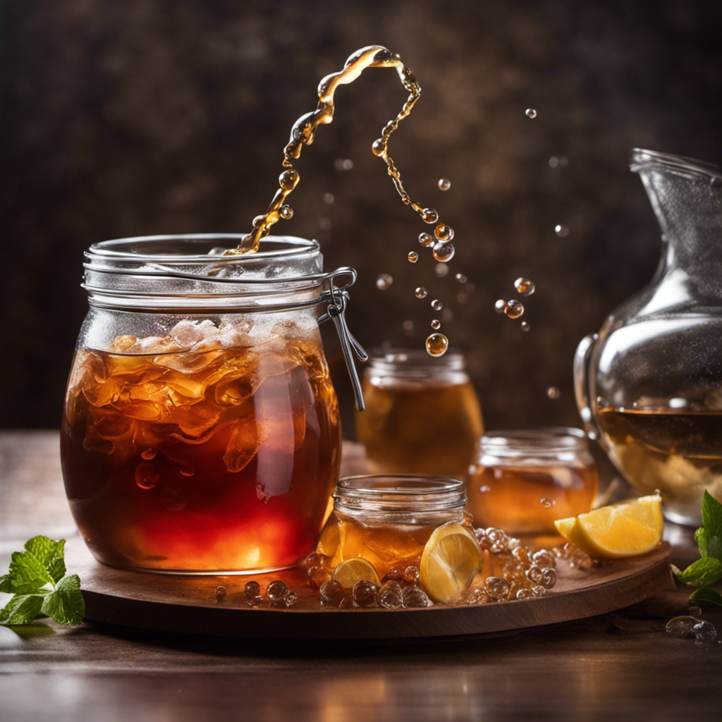 An image capturing a glass jar filled with sweetened tea, a SCOBY floating on its surface, and the vibrant atmosphere as bubbles rise from the liquid