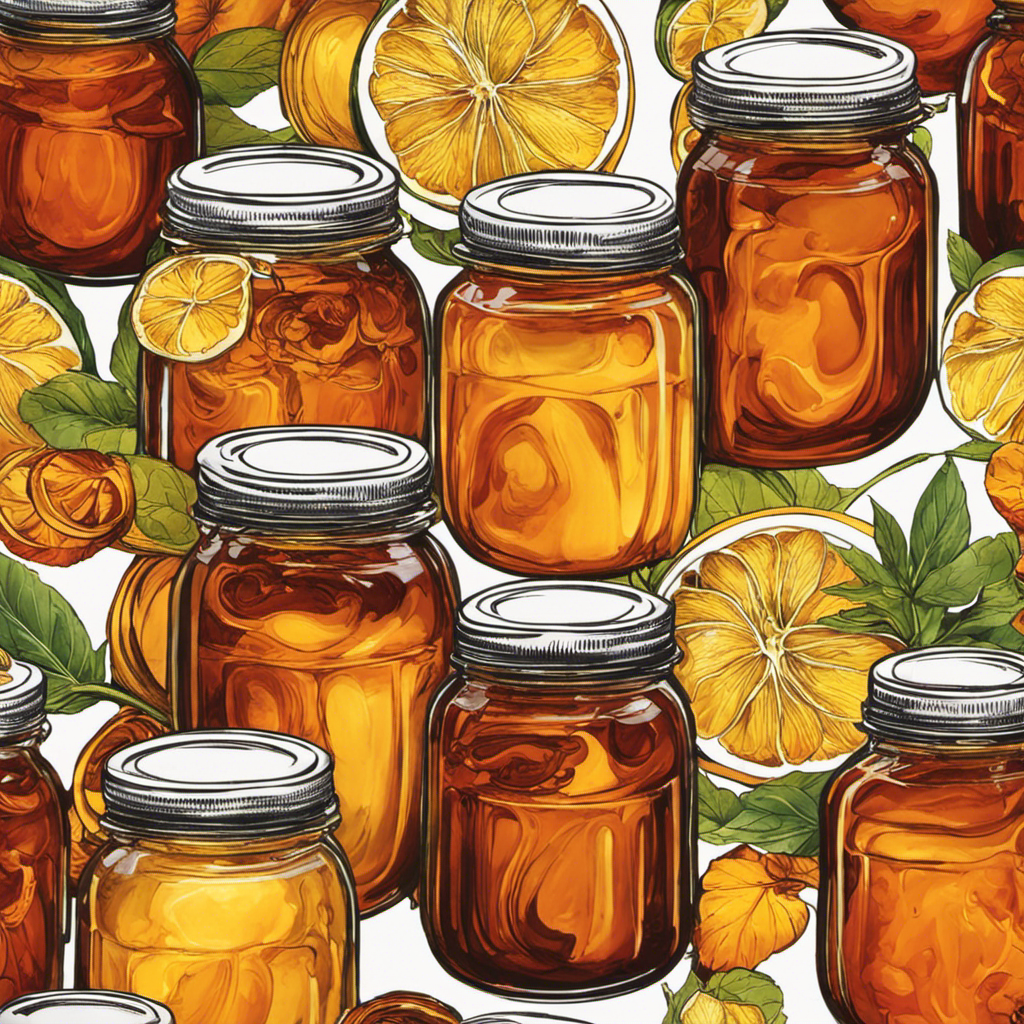 An image of a glass jar filled with a rich, amber-colored kombucha, infused with the vibrant hues of steeping tea leaves