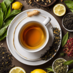 An image showcasing a close-up of a high-quality, porous tea bag filled with a vibrant blend of loose leaf tea, surrounded by fresh ingredients like sliced ginger, lemon, and herbs