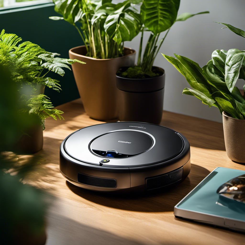 An image showcasing a gleaming Ecovacs robotic vacuum in action, surrounded by vibrant green plants, emphasizing its eco-friendly features
