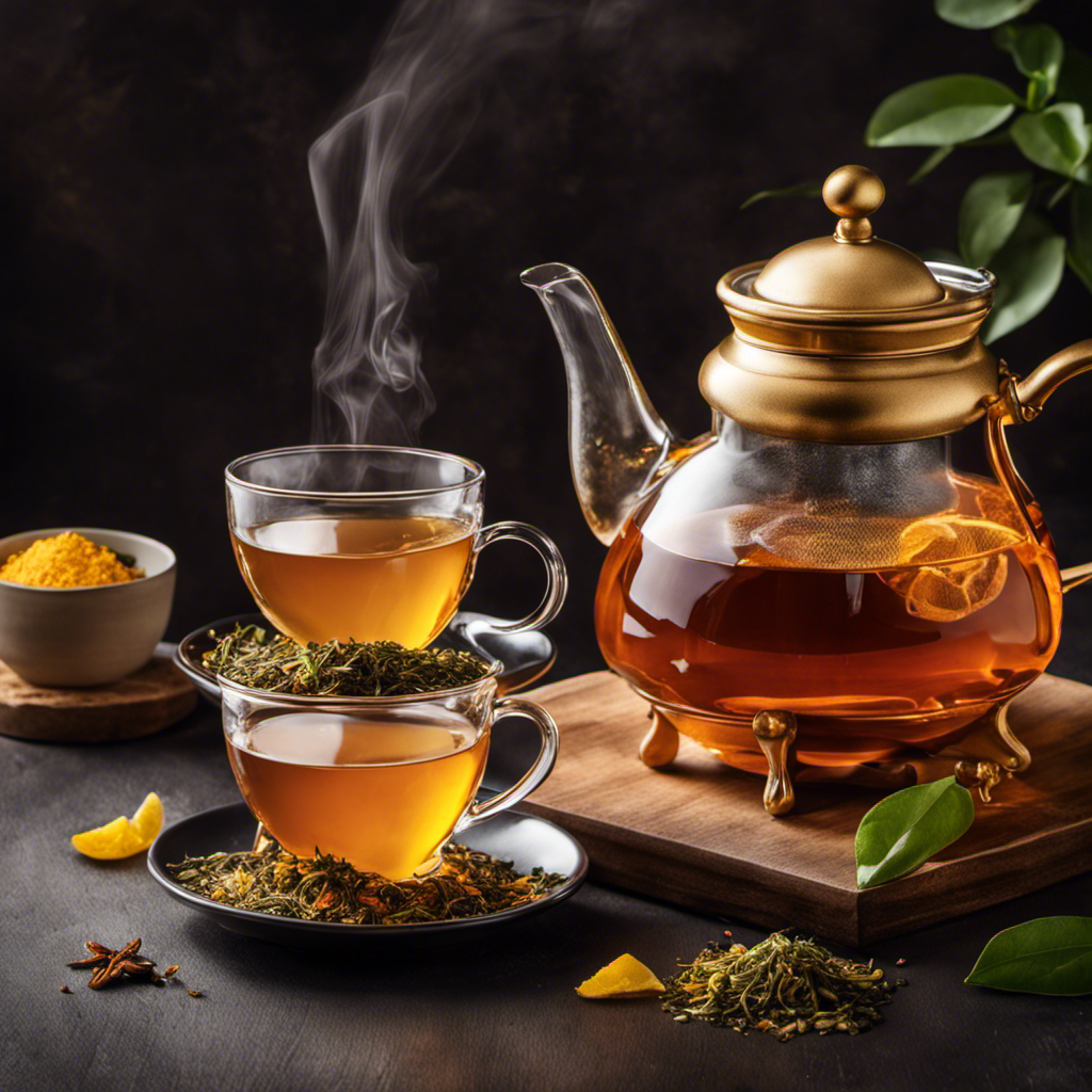 An image showcasing a teapot pouring two steaming cups - one filled with rich, amber Oolong tea, the other with effervescent, golden Kombucha tea