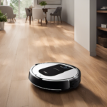 An image showcasing a sleek, futuristic robot vacuum gliding effortlessly across a pristine hardwood floor, capturing every speck of dust with precision