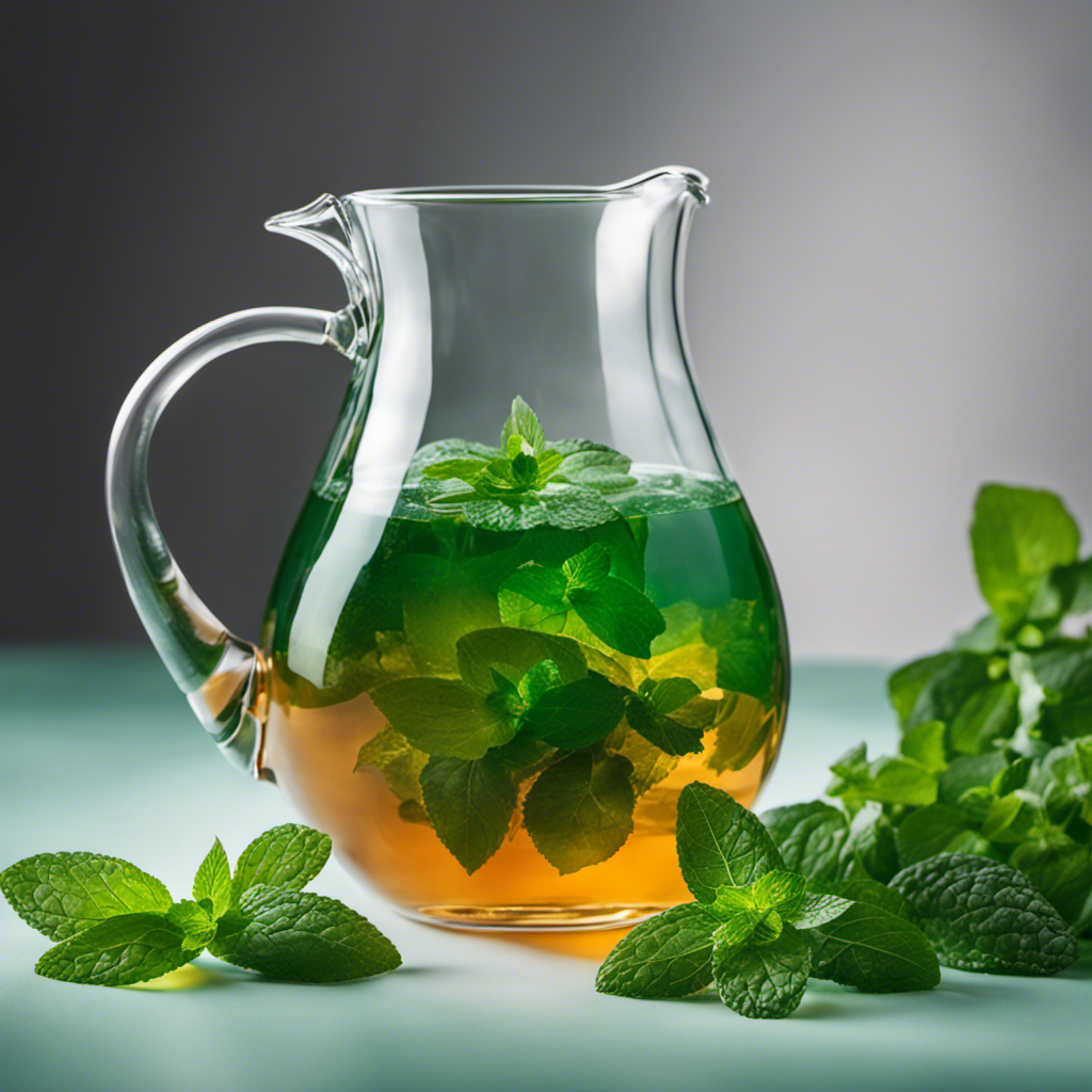 An image showcasing a serene, minimalist scene: a glass pitcher brimming with vibrant, emerald green kombucha, surrounded by fresh, verdant tea leaves and sprigs of mint, exuding a refreshing aura of health and vitality