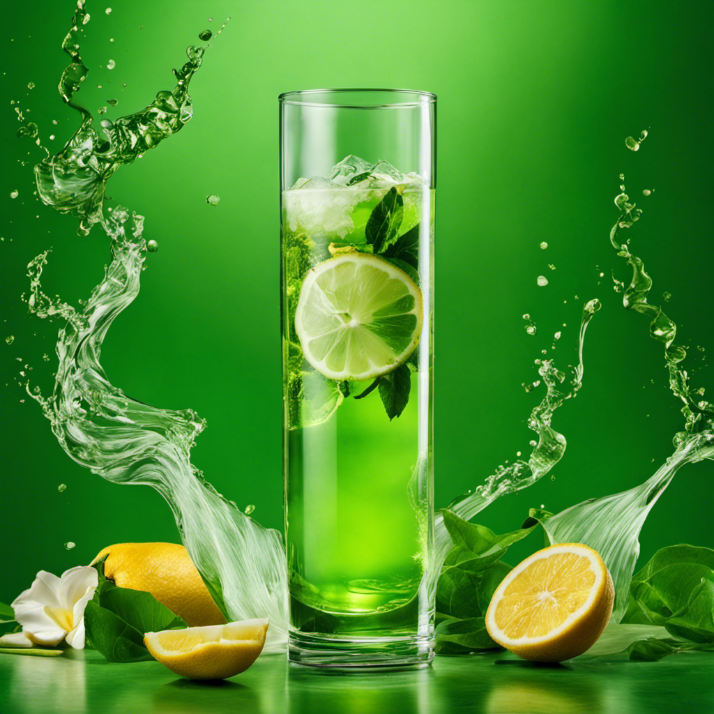 An image that showcases a tall glass filled with effervescent, translucent green liquid