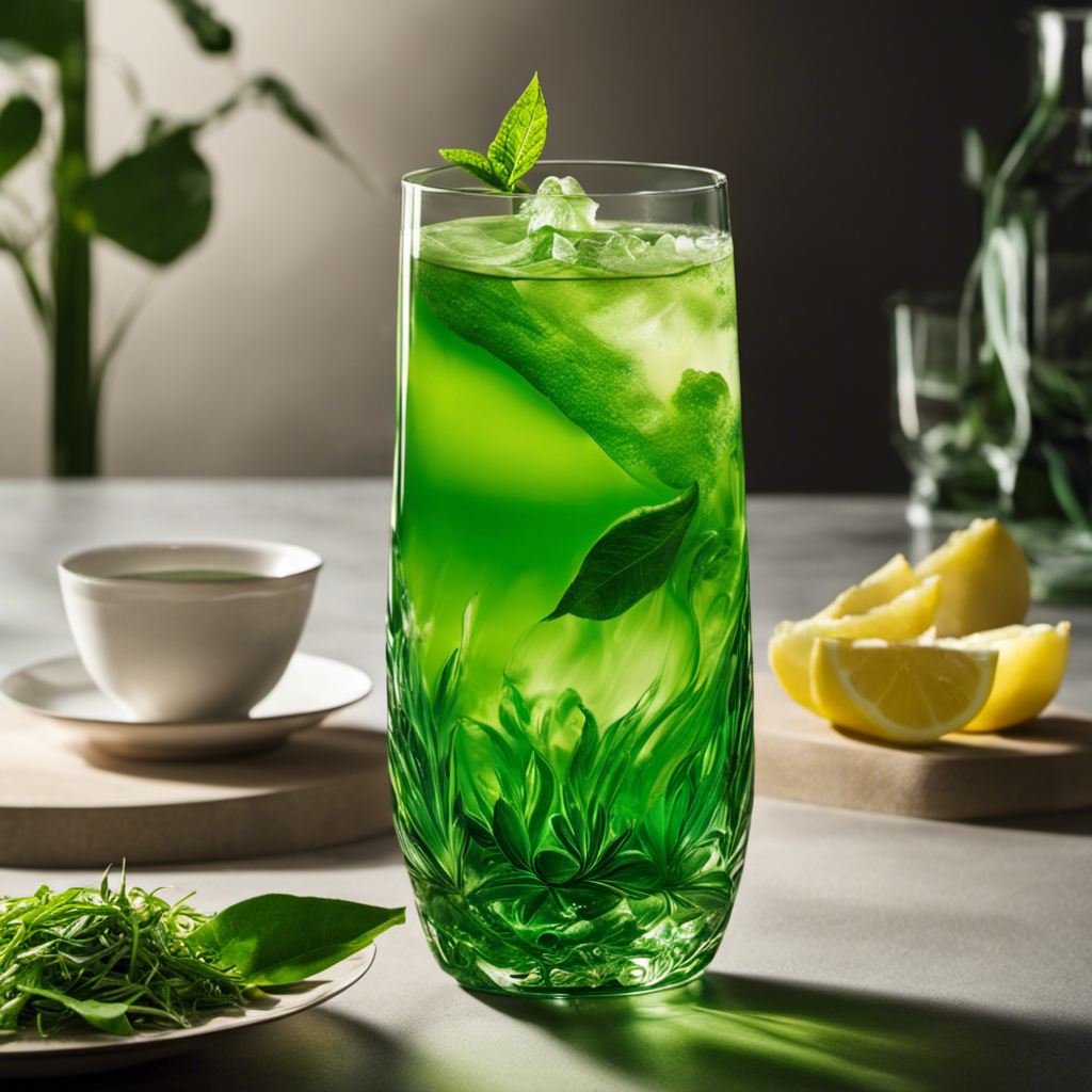 An image that showcases a tall glass filled with effervescent, translucent green liquid