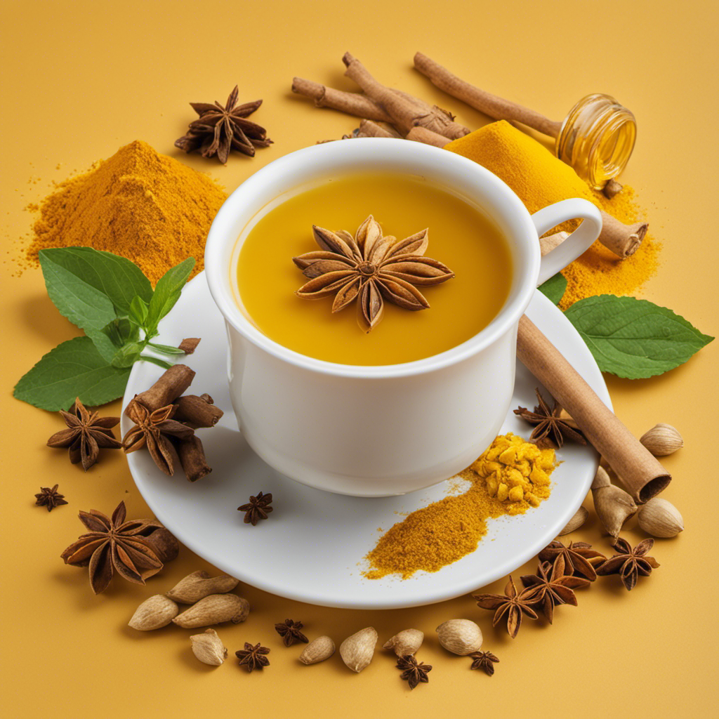 An image featuring a steaming cup of honey chai turmeric vitality tea surrounded by vibrant yellow turmeric roots, aromatic spices, and a sprig of fresh mint, evoking a sense of warmth, healing, and rejuvenation