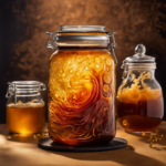 An image showcasing the intricate process of brewing Kombucha tea: a glass jar filled with a golden-brown liquid, surrounded by a vibrant SCOBY (symbiotic culture of bacteria and yeast), undergoing fermentation, emitting bubbles, and a trail of tendrils weaving through the liquid