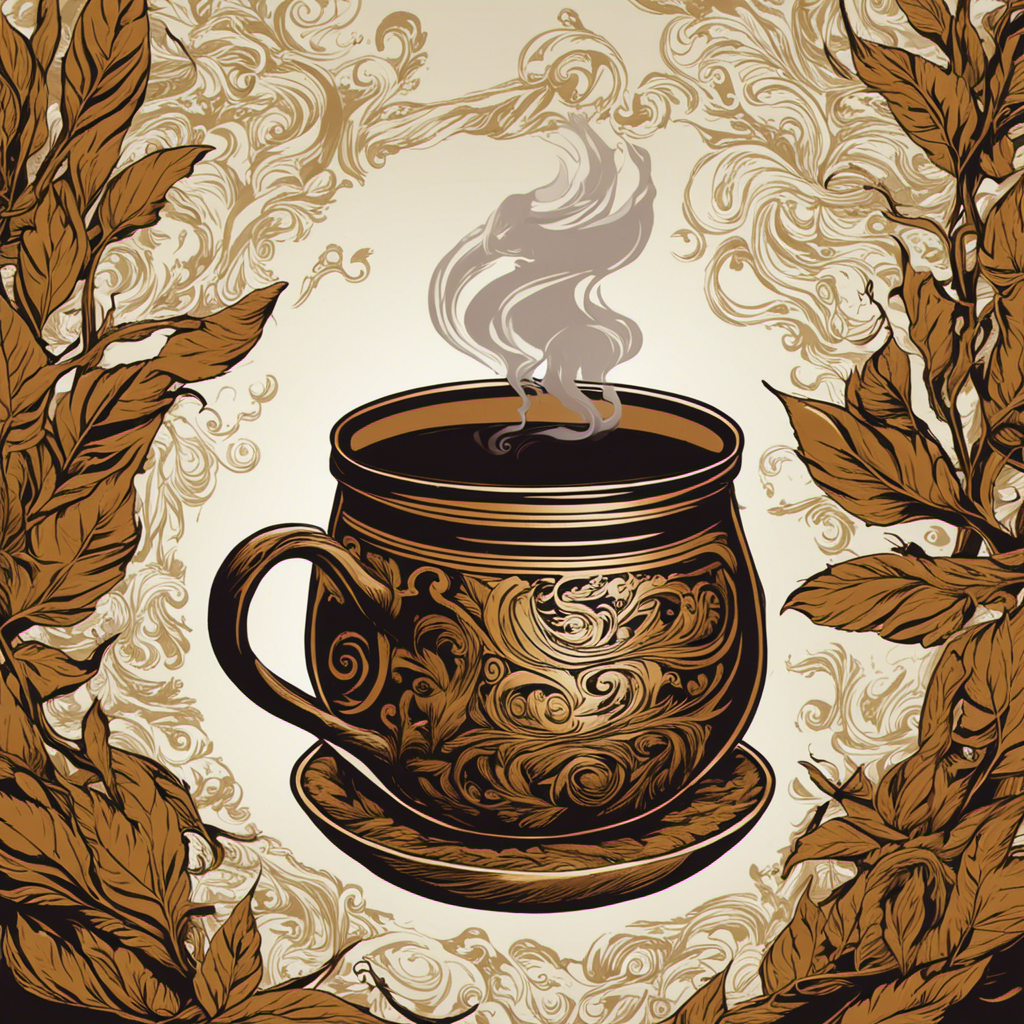 An image depicting a close-up of a steaming cup of Yerba Mate, with swirling tendrils of smoke rising from it, against a backdrop of dried Yerba Mate leaves and a warning sign symbolizing potential risks