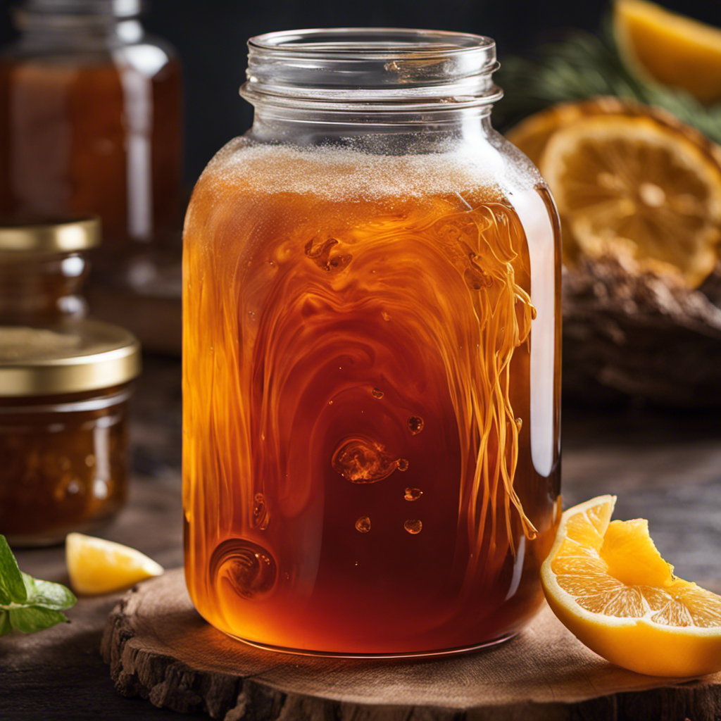 An image that captures the vibrant essence of Kombucha Fermented Tea: an effervescent, amber liquid swirling inside a glass jar, surrounded by floating strands of SCOBY, exuding an aura of natural vitality and bubbling with potential