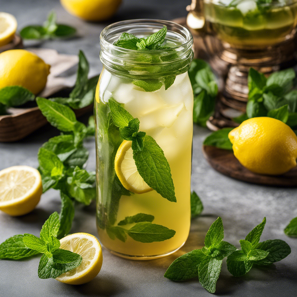 An image showcasing a glass filled with vibrant, effervescent Kombucha Green Tea, adorned with fresh mint leaves and slices of zesty lemon