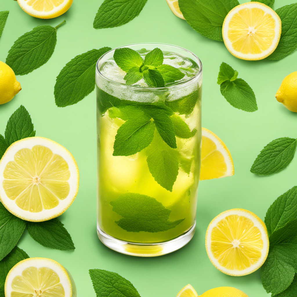 An image showcasing a glass filled with vibrant, effervescent Kombucha Green Tea, adorned with fresh mint leaves and slices of zesty lemon