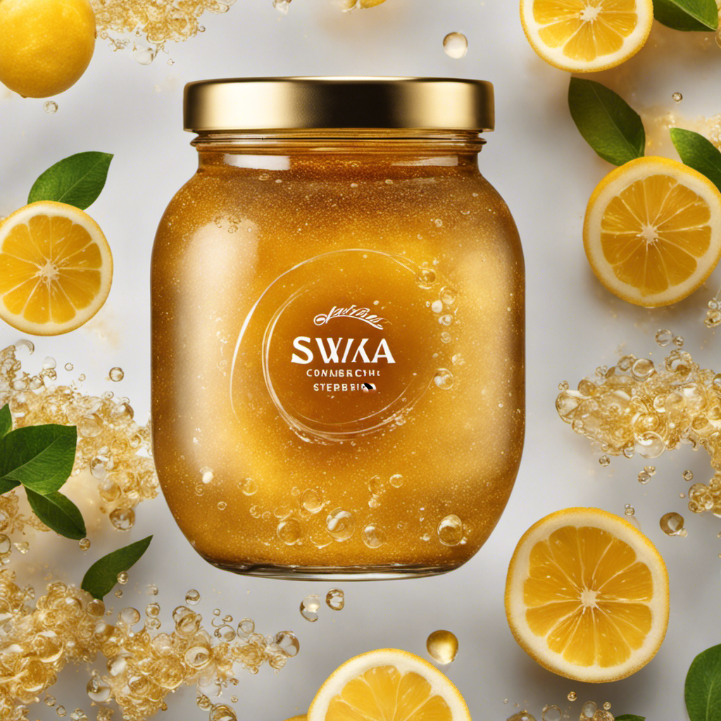 An image that showcases a glass jar filled with golden-hued Kombucha starter tea, swirling with effervescence