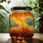 An image showcasing a glass jar filled with translucent amber liquid, bubbles effervescing at the surface