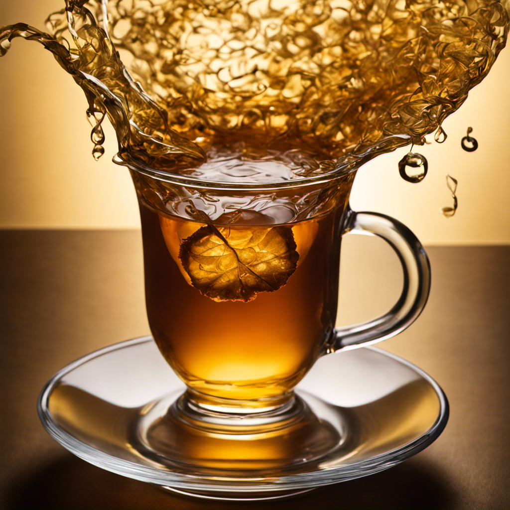 An image featuring a close-up shot of a clear glass teacup filled with golden-hued Kombucha tea