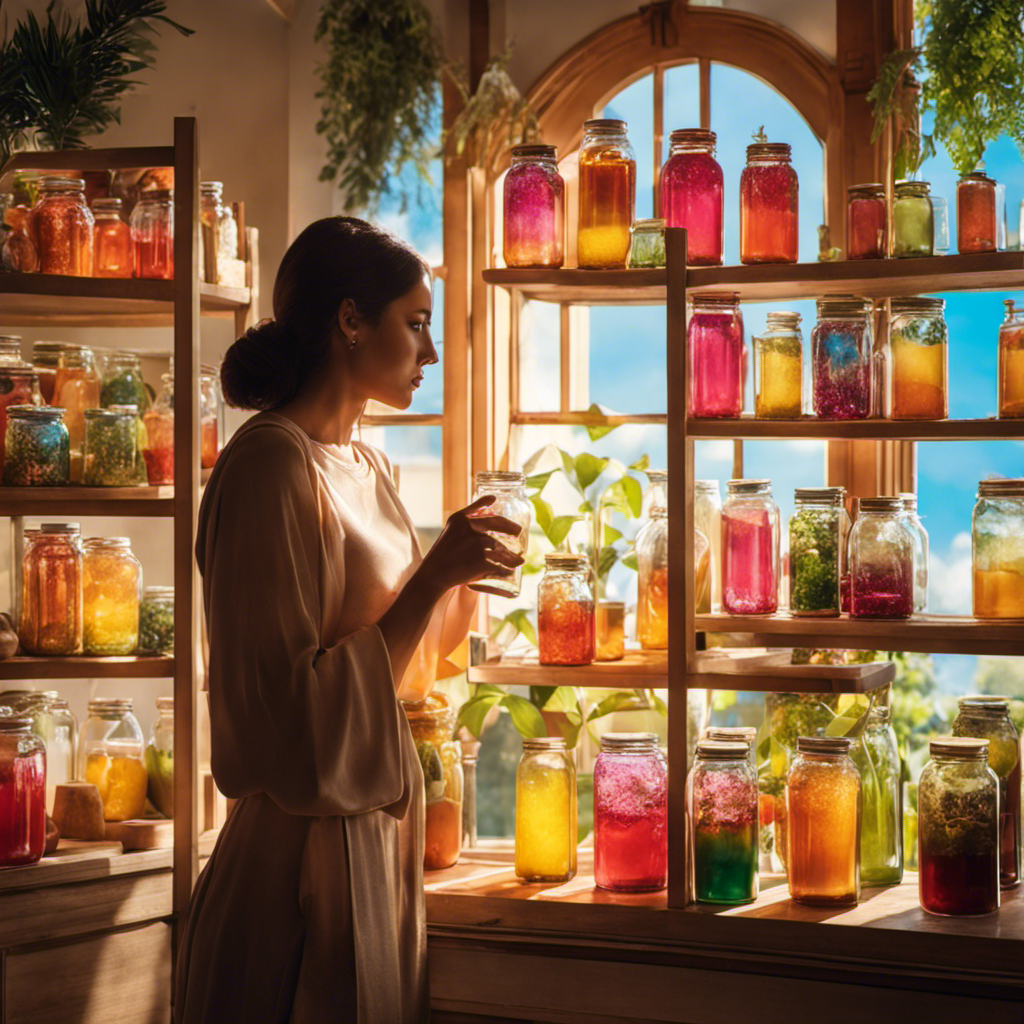 An image depicting a serene, sunlit room with shelves adorned with various glass jars containing vibrant, effervescent kombucha tea