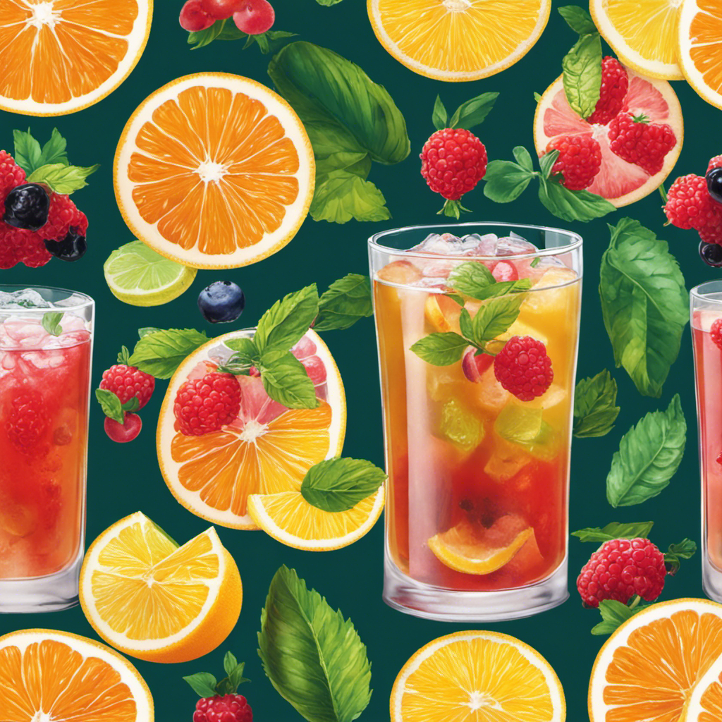 An image showcasing a vibrant, fizzing glass of Kombucha tea, brimming with effervescence and adorned with fresh slices of tangy citrus fruits, luscious berries, and delicate mint leaves