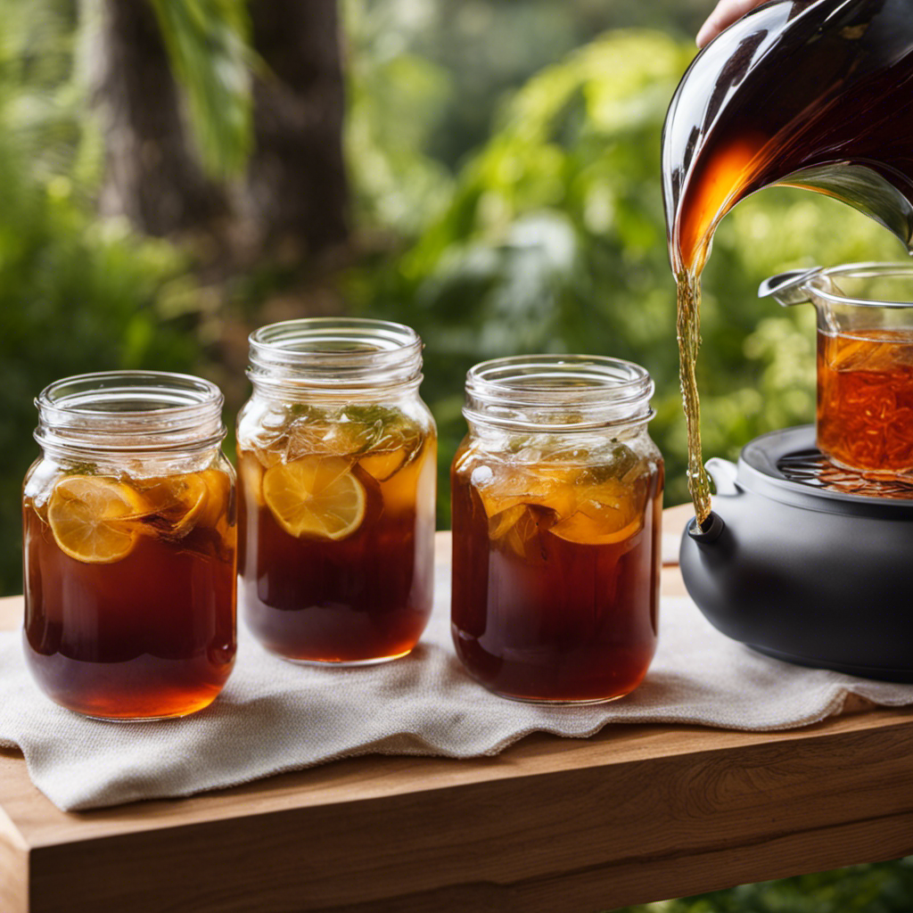 An image that showcases the intricate process of brewing kombucha tea, with a glass jar filled with sweetened black tea, a SCOBY floating on top, and vibrant strands of fermentation visible in the liquid