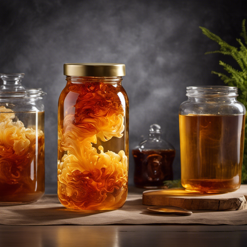 An image showcasing a glass jar filled with amber-hued, effervescent Kombucha tea