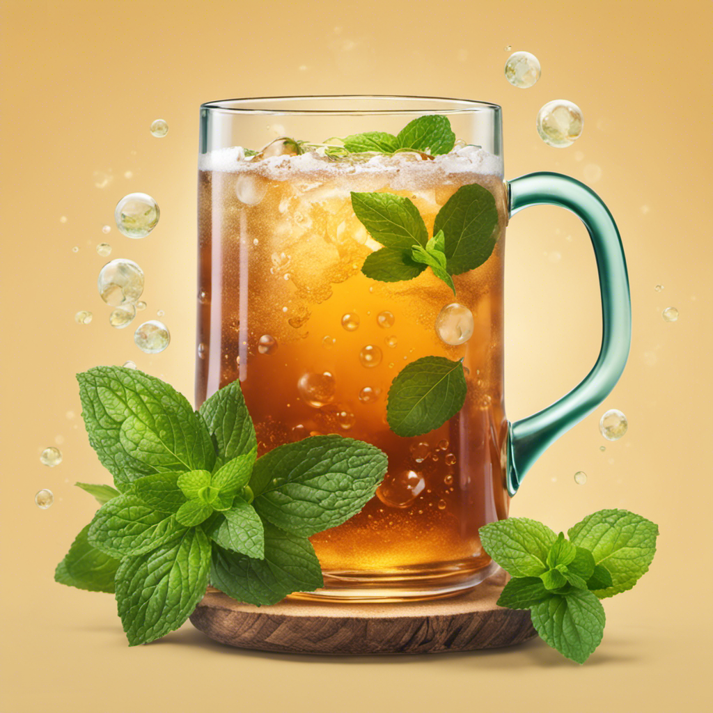 An image showcasing a glass mug filled with effervescent, amber-hued Kombucha Yogi Tea, adorned with delicate bubbles and a sprig of fresh mint, evoking a sense of rejuvenation and tranquility