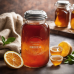 An image showcasing a close-up of a glass jar filled with homemade kombucha tea
