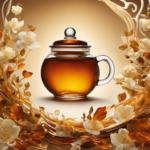An image showcasing a glass jar filled with rich amber liquid, a floating disc of creamy white culture, and a trail of intricate tea leaves swirling in the liquid, illustrating the concept of starter tea for kombucha