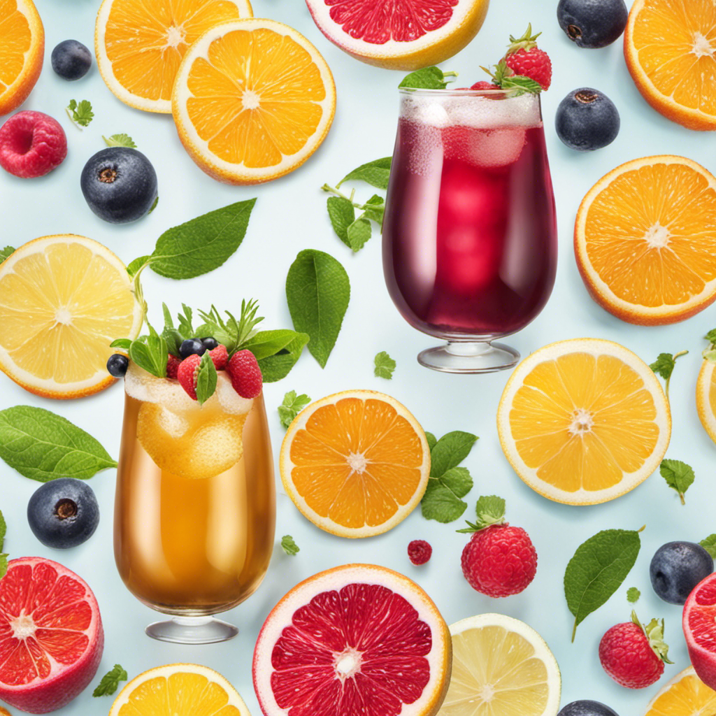 An image showcasing a refreshing glass of Kombucha tea filled with effervescent bubbles, surrounded by vibrant, colorful and organic ingredients like fresh fruit slices, herbs, and flowers, highlighting its numerous health benefits