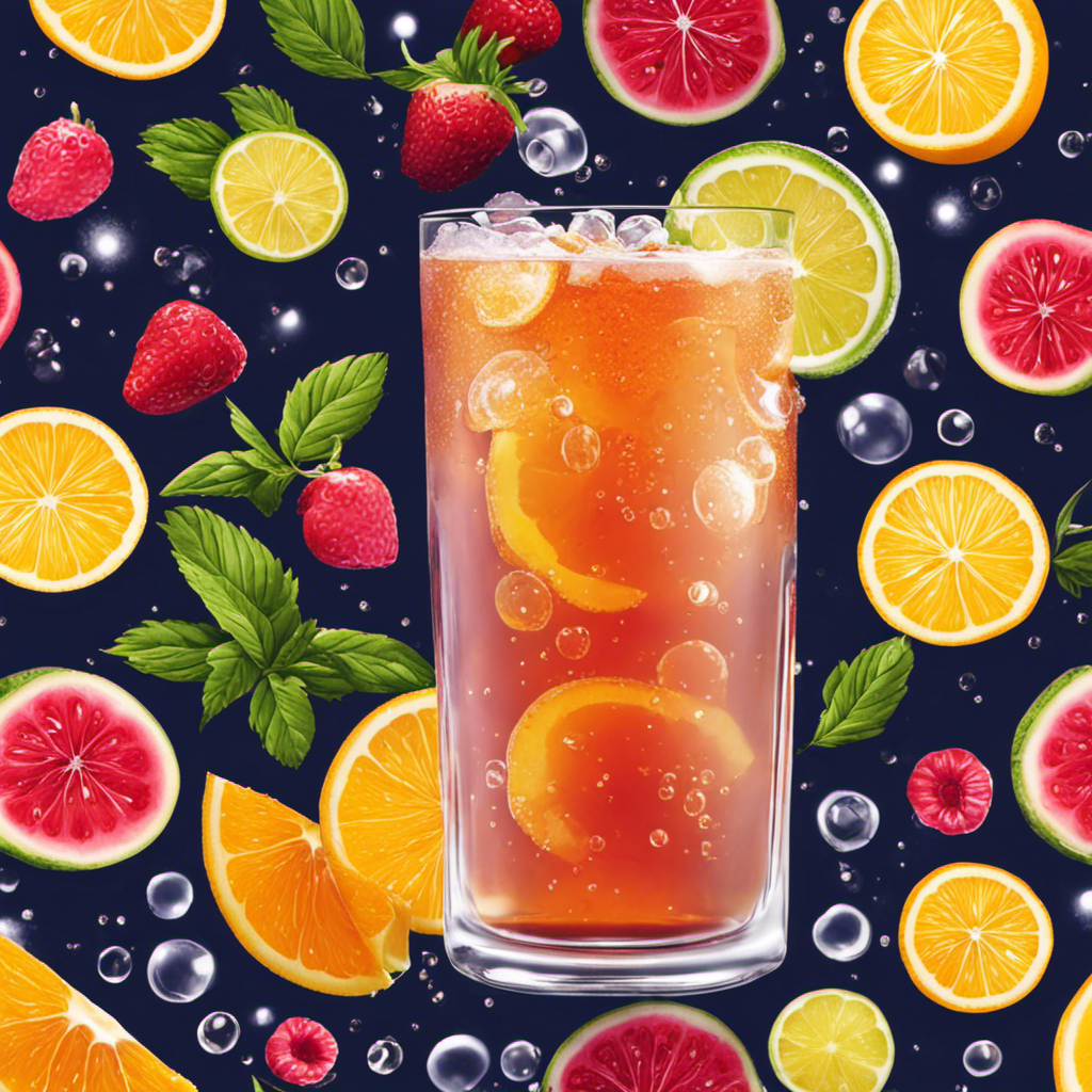 An image showcasing a refreshing glass of Kombucha tea filled with effervescent bubbles, surrounded by vibrant, colorful and organic ingredients like fresh fruit slices, herbs, and flowers, highlighting its numerous health benefits