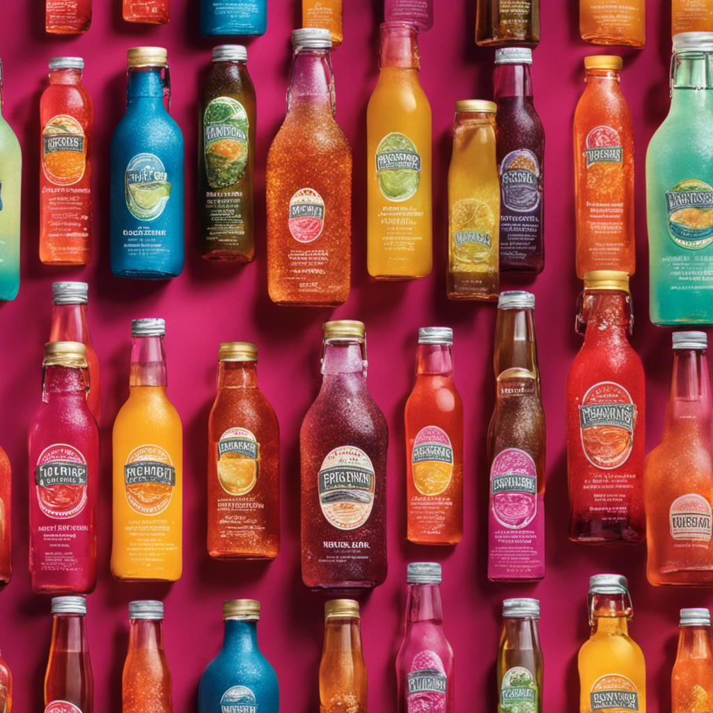 An image showcasing a variety of colorful bottles filled with sparkling kombucha tea, each exuding a unique hue and flavor