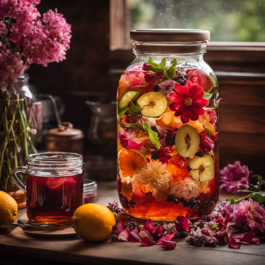 Create an image capturing the essence of a cozy kitchen scene: a glass jar filled with bubbling kombucha, surrounded by an assortment of aromatic loose tea leaves, vibrant fruits, and delicate flower petals, showcasing the diverse possibilities for the best home-brewed kombucha tea