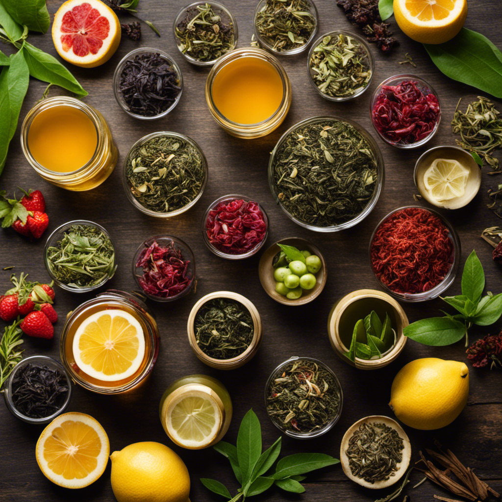 An image showcasing a vibrant assortment of loose tea leaves, including green, black, and oolong varieties