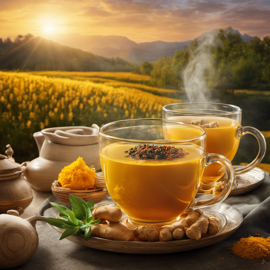 An image featuring a serene morning scene: a golden sunrise illuminating a cozy mug of steaming turmeric and ginger tea, surrounded by fresh ingredients and a gentle steam rising from the cup
