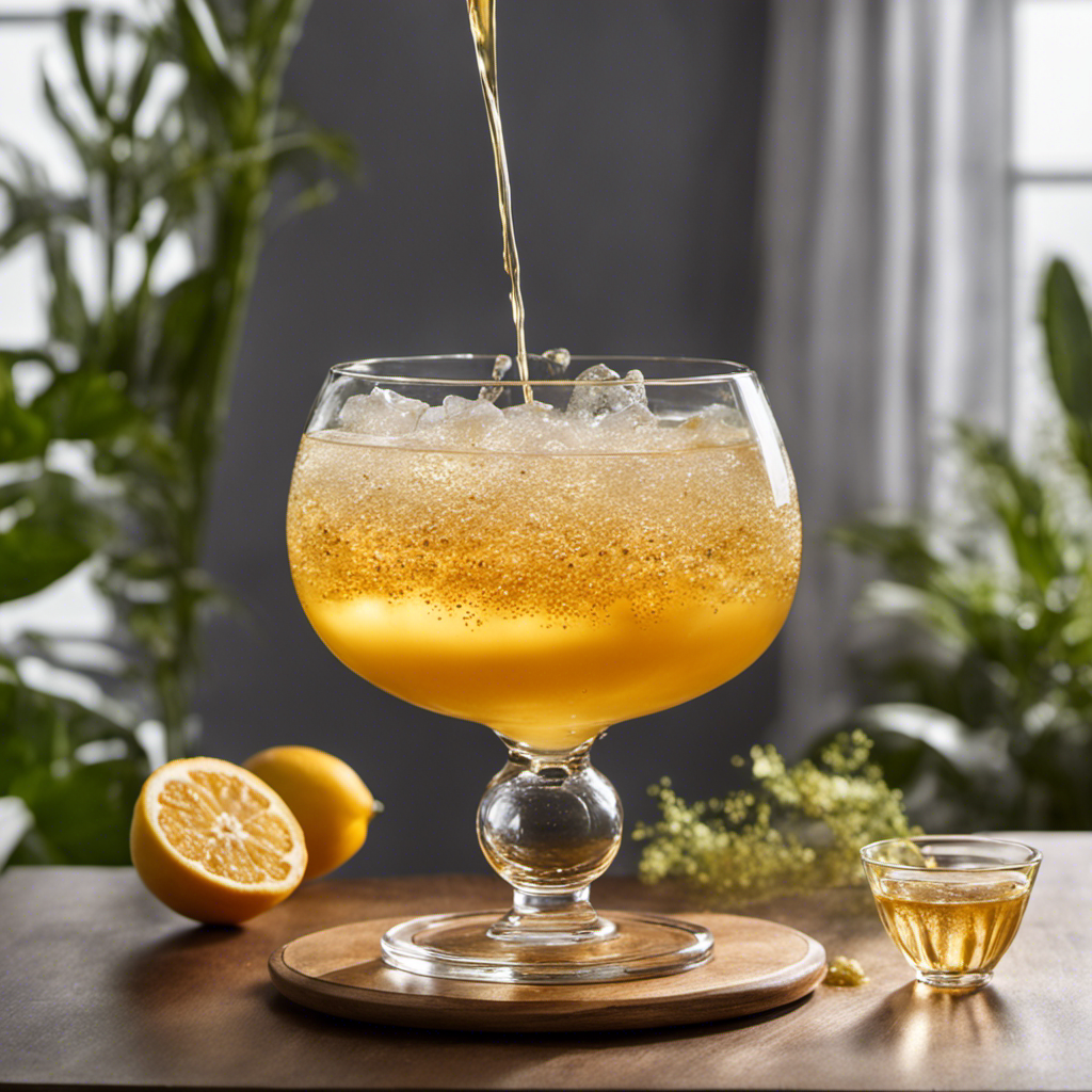 An image showcasing a glass brimming with effervescent kombucha tea - golden-hued liquid cascading like a waterfall, adorned with a delicate layer of creamy foam that sits atop, glistening with tiny bubbles
