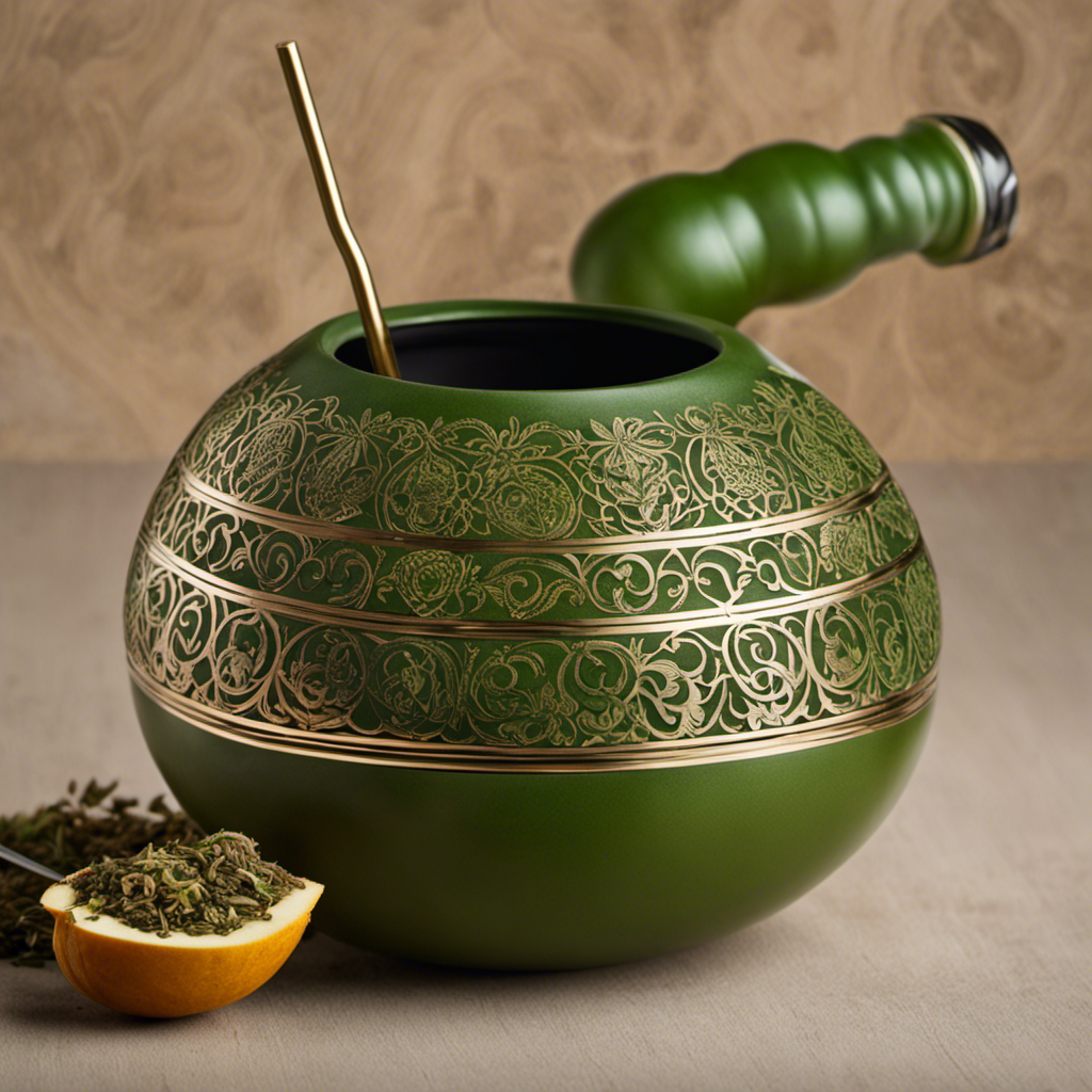 An image that showcases a vibrant gourd filled with steaming yerba mate, featuring a metal straw (bombilla) elegantly inserted into the drink