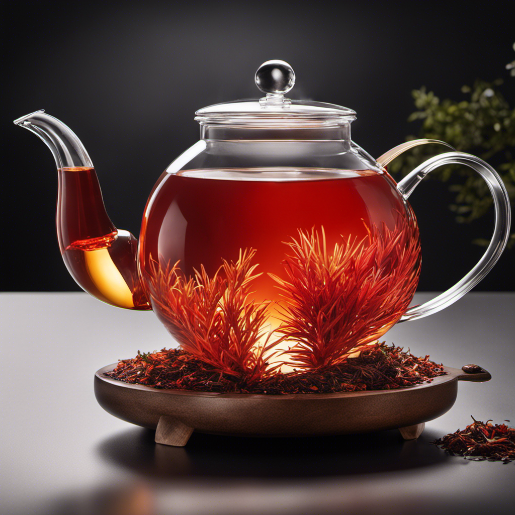 An image showcasing a serene scene: a delicate porcelain teapot releasing steam, as vibrant red rooibos tea leaves gracefully infuse in crystal-clear water