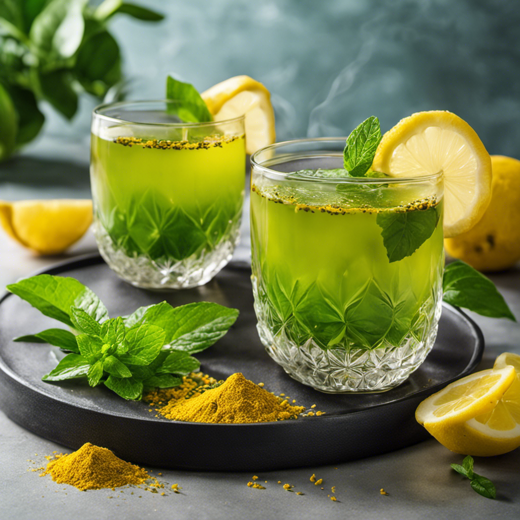 An image featuring a vibrant green tea and turmeric drink, poured into a transparent glass