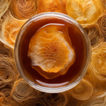  an image capturing the intricate layers of a vibrant and translucent Kombucha Scoby, suspended in a glass jar filled with fermenting tea