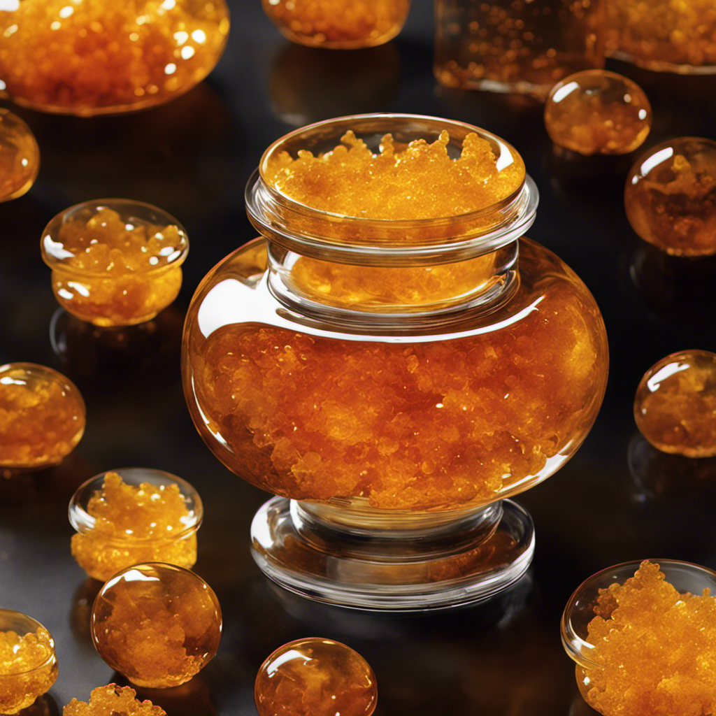 An image showcasing a glass jar filled with amber-hued liquid, surrounded by a delicate layer of translucent jelly-like substance
