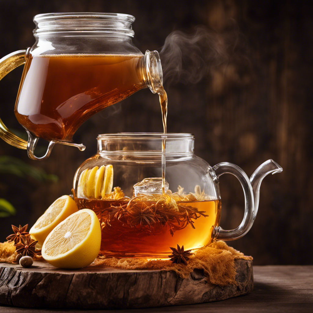 An image showcasing a steaming teapot pouring a vibrant, golden liquid into a glass jar filled with scintillating kombucha culture