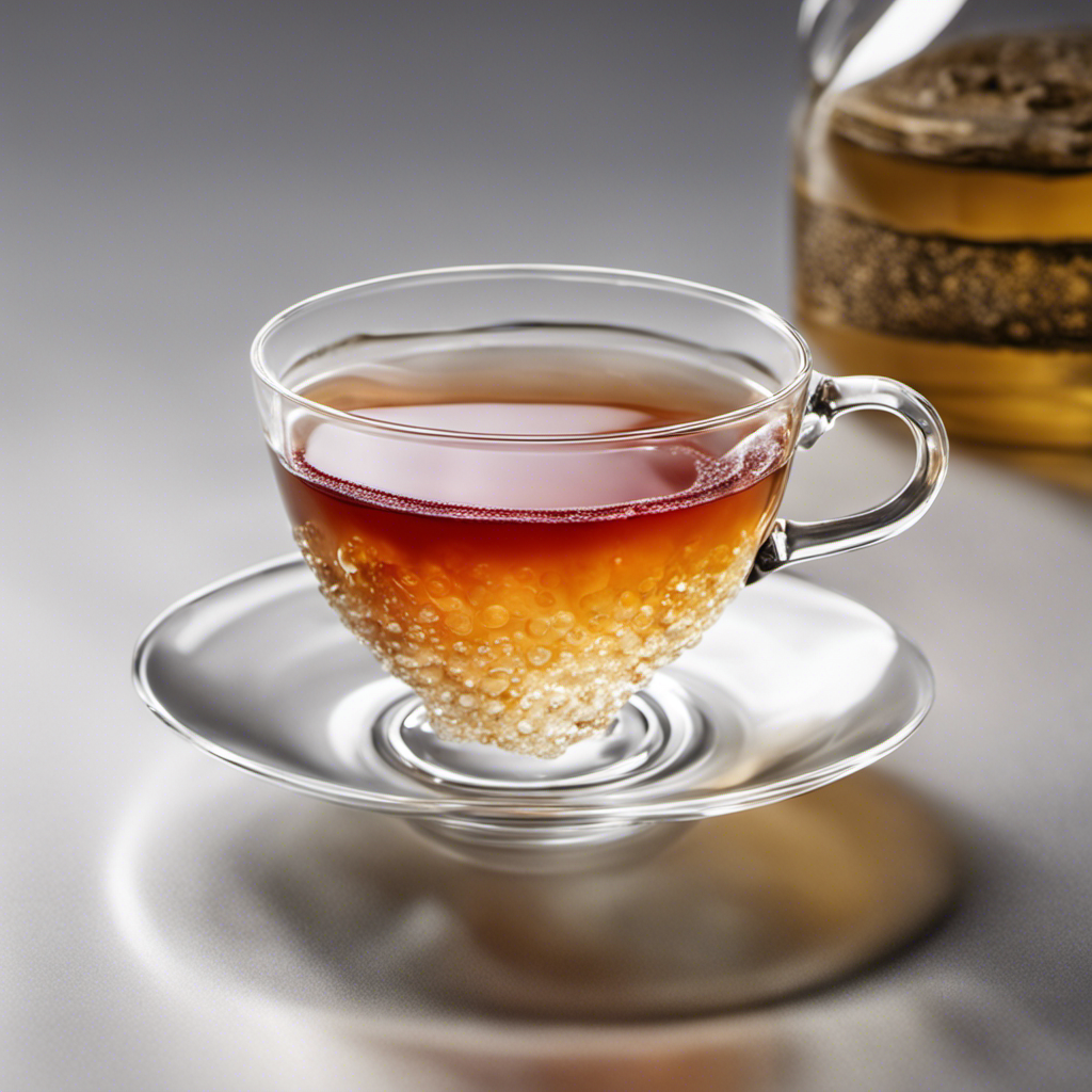 An image capturing a glass teacup with a translucent white layer of kombucha resting on the surface