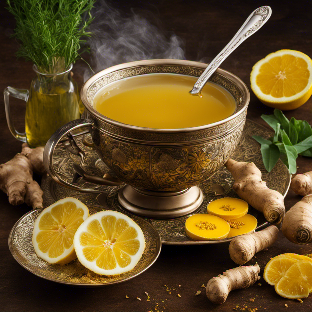 An image showcasing a steaming cup of vibrant yellow turmeric and ginger tea