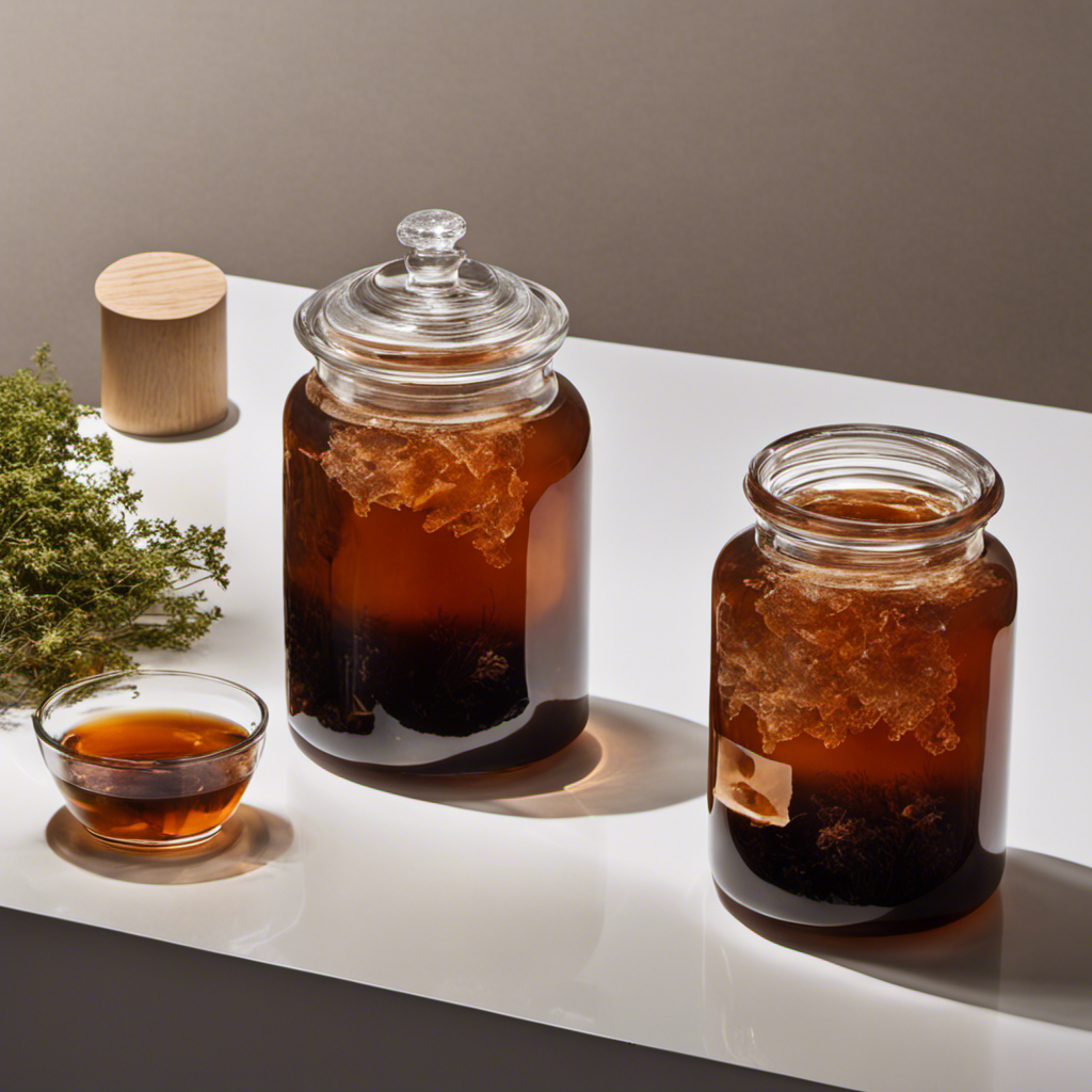 An image showcasing a glass jar filled with sweetened black tea, adorned with a floating disc of brownish "SCOBY" (Symbiotic Culture of Bacteria and Yeast), as bubbles of carbonation rise to the surface