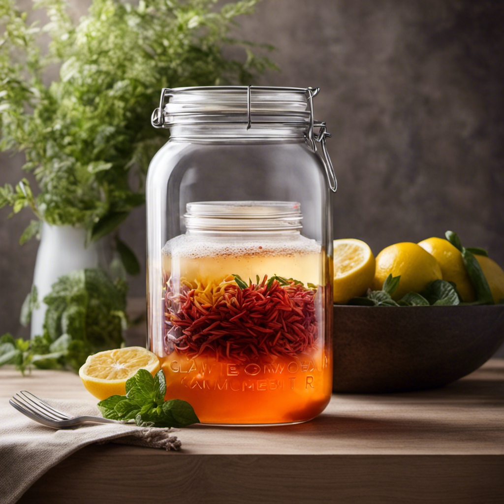 An image showcasing a glass jar with a wide opening, filled with a vibrant batch of fermenting Kombucha tea