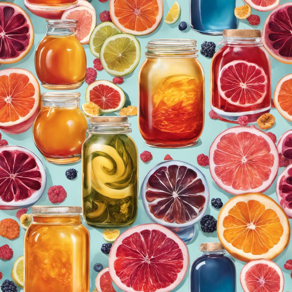 An image showcasing a vibrant glass of Kombucha tea filled with swirling layers of colorful probiotic cultures, including lactobacillus acidophilus, saccharomyces boulardii, and bifidobacterium lactis
