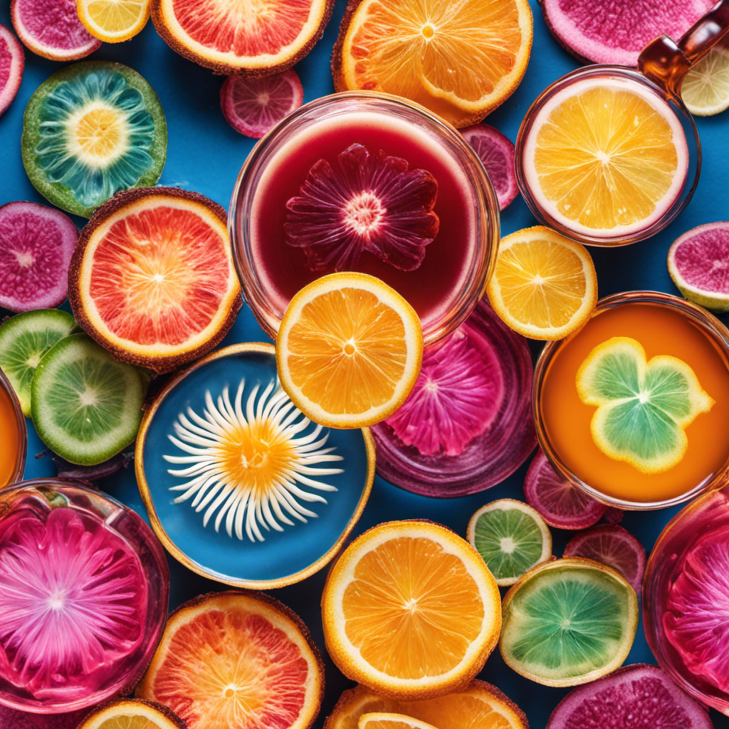 An image showcasing a vibrant glass of Kombucha tea filled with swirling layers of colorful probiotic cultures, including lactobacillus acidophilus, saccharomyces boulardii, and bifidobacterium lactis