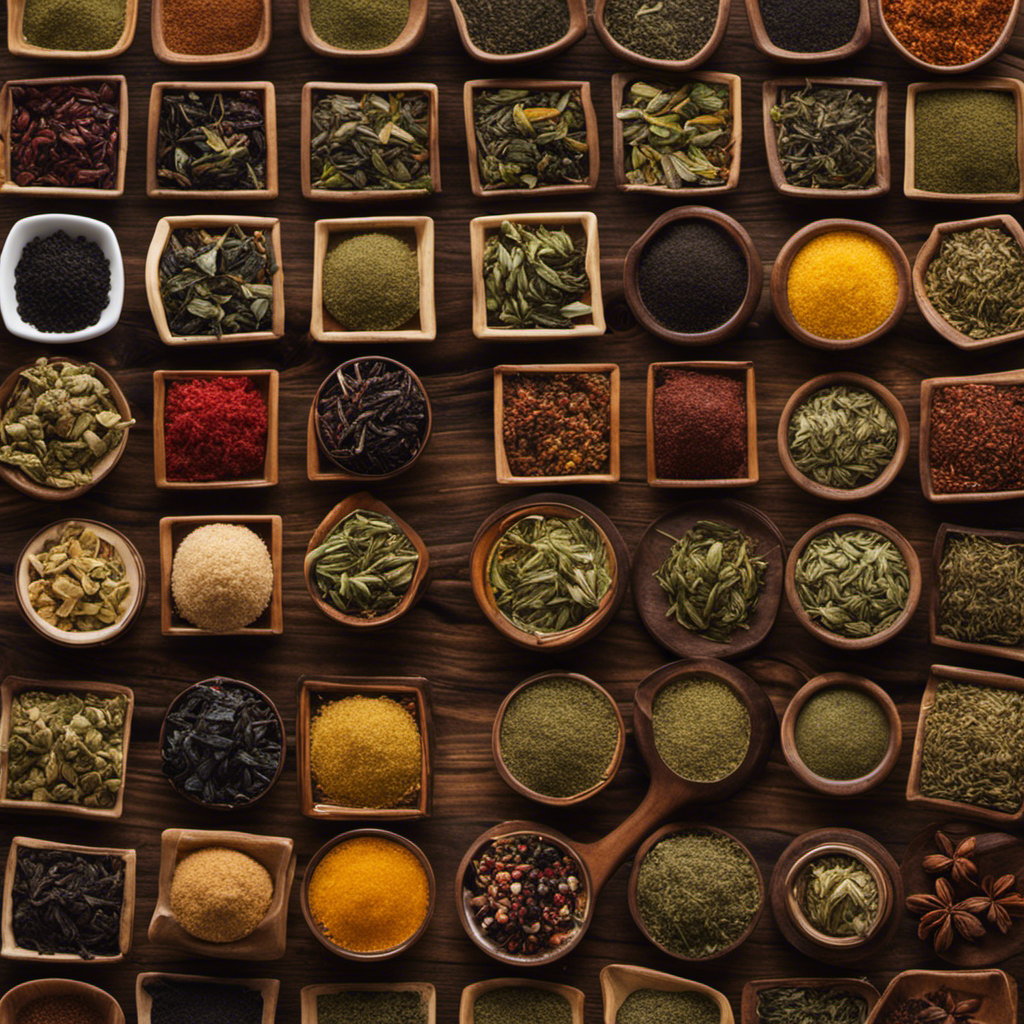 An image showcasing a variety of loose tea leaves, including green, black, and oolong, alongside a selection of natural sweeteners like cane sugar, honey, and maple syrup