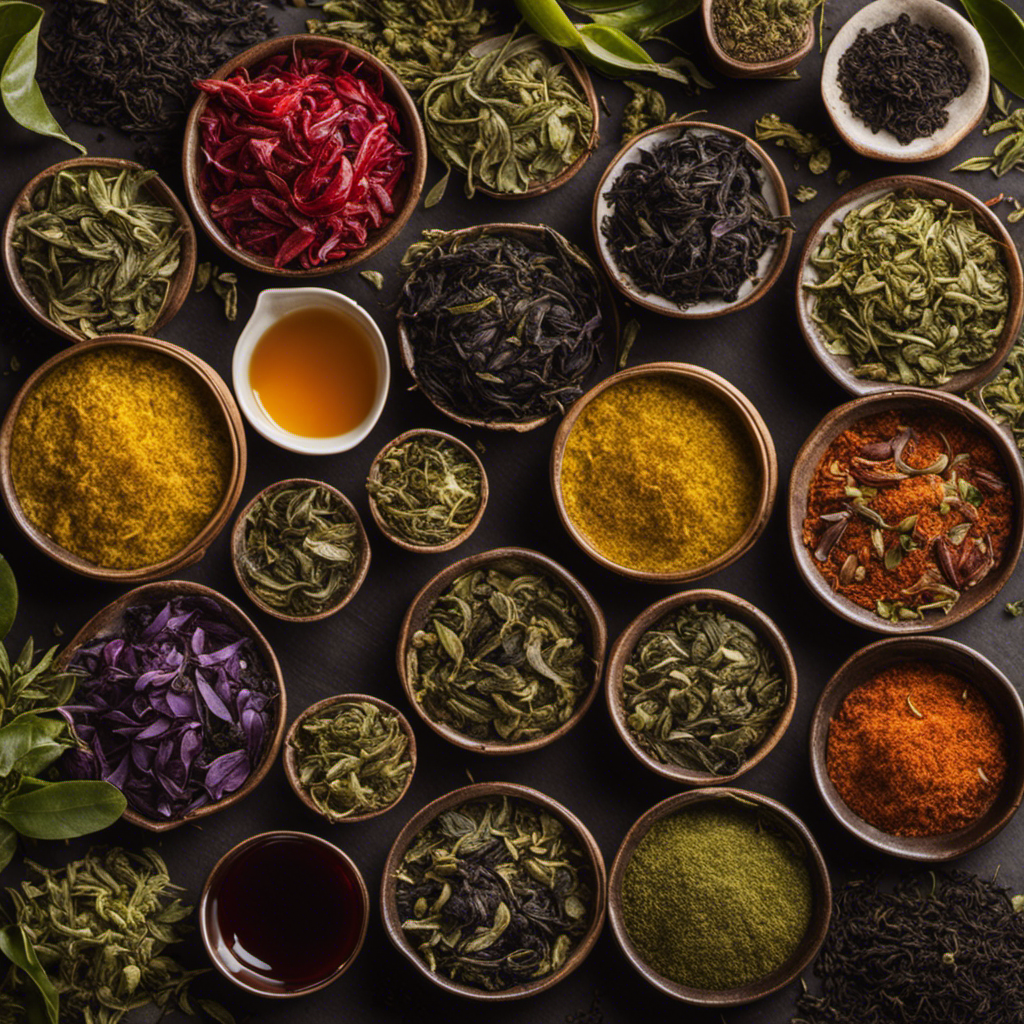 An image showcasing an assortment of vibrant loose tea leaves, including black, green, oolong, and white varieties