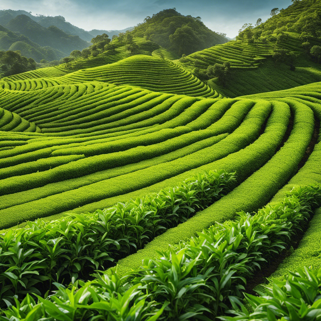 An image showcasing a close-up of a vibrant, verdant tea plantation, with rows of luscious green tea leaves gently swaying in the breeze, hinting at the organic and carefully selected ingredients used by GT Kombucha