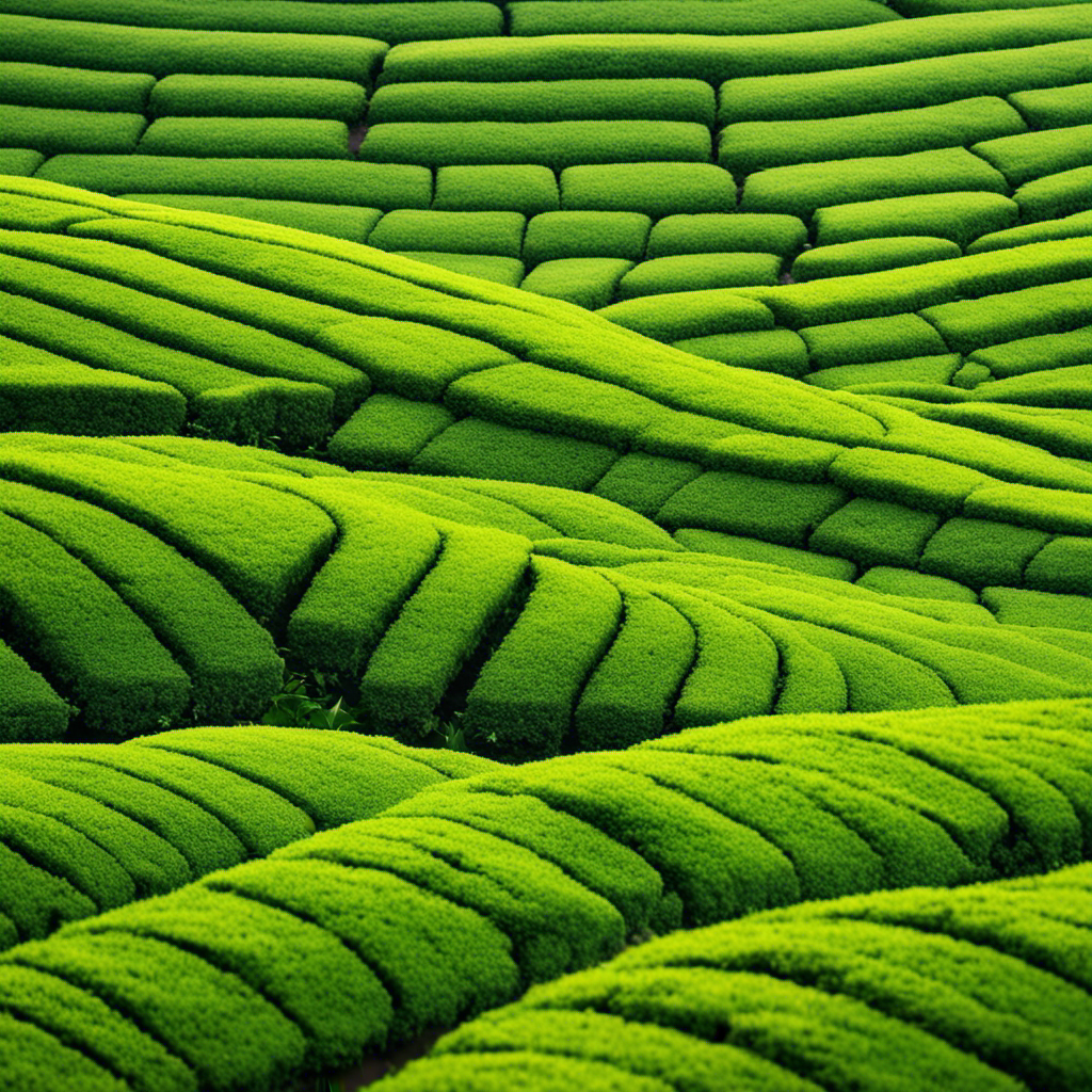 An image showcasing a close-up of a vibrant, verdant tea plantation, with rows of luscious green tea leaves gently swaying in the breeze, hinting at the organic and carefully selected ingredients used by GT Kombucha