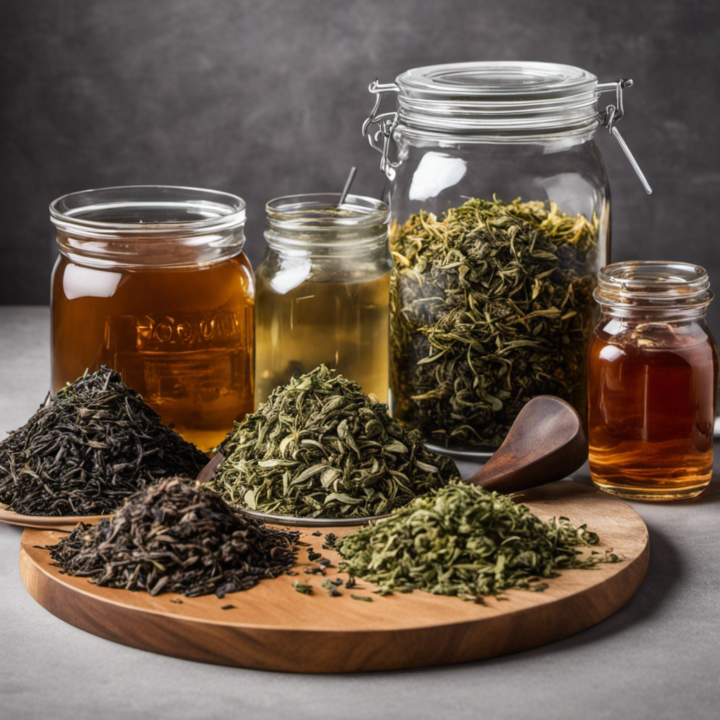 An image showcasing a variety of loose tea leaves, including green, black, oolong, and white tea, beautifully arranged beside a glass jar filled with kombucha, highlighting the diverse options for brewing this fermented tea beverage